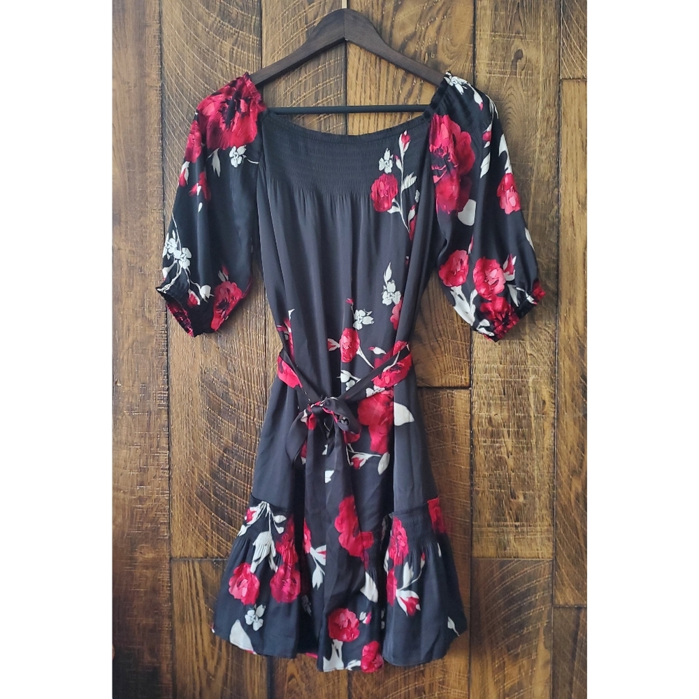 NWT White House Black Market small Black with red rose floral silky party dress
